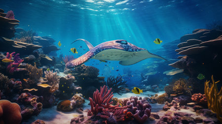 a vibrant and detailed photorealistic rendering of a reef, showcasing various sea animals. this image captures the essence of the underwater world with its realistic portrayal of light and shadow. the use of ray tracing technology brings out the intricate details of the historical reproductions, while bold lines and vibrant colors create an immersive experience. the atmospheric horizons and detailed facial features add depth andの素材