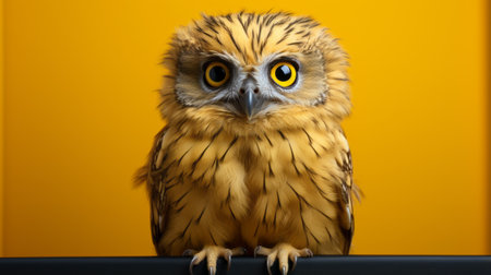 an owl perched on a shelf against a vibrant yellow wall. this realistic portrait captures the intricate details of the owl's fur and feathers, while the overexposure effect adds a touch of drama. the photorealistic eye draws you in, showcasing the explosive wildlife captured in this matte photo. with sharp and clever humor, this image is a true masterpiece. ai generatedの素材