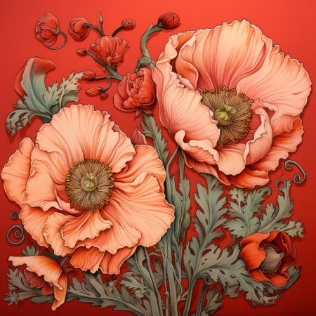 flowers illustration on a vibrant red background, showcasing highly detailed realism. this artwork draws inspiration from revived historic art forms and incorporates elements of paper sculptures. created by the talented artist serge marshennikov, the illustration features intricate character illustrations with a color palette of light orange and dark gray. ai generatedの素材
