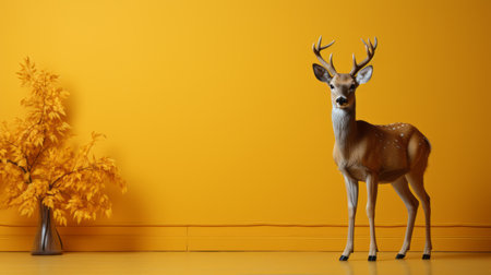 a deer stands gracefully against a vibrant yellow wall, surrounded by a tree. this stunning indoor still life photograph, rendered in the style of octane render, showcases hyperrealistic animal portraits. with its 8k resolution, the image captures the charming character of the deer, creating a bold and striking visual. discover this captivating artwork on flickr. ai generatedの素材