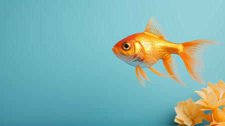 a goldfish, isolated on a vibrant blue background, is accompanied by delicate flowers. this visually captivating image follows a narrative-driven style, combining elements of gold and bronze with hints of light gold and teal. rendered with precisionist detail using unreal engine, this thought-provoking photo serves as a critique of consumer culture. found on flickr. ai generatedの素材
