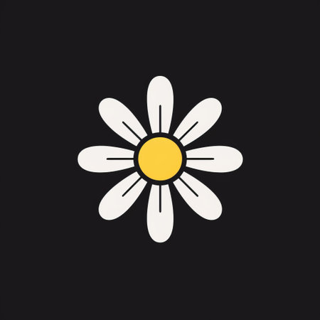 the emblem of dale daisy, a white and yellow design, showcases a minimalist black and white style. inspired by folk illustrations, it features dark navy and white colors. the simple and colorful illustrations promote environmental awareness. with minimal retouching, the emblem stands out against a black background. ai generatedの素材
