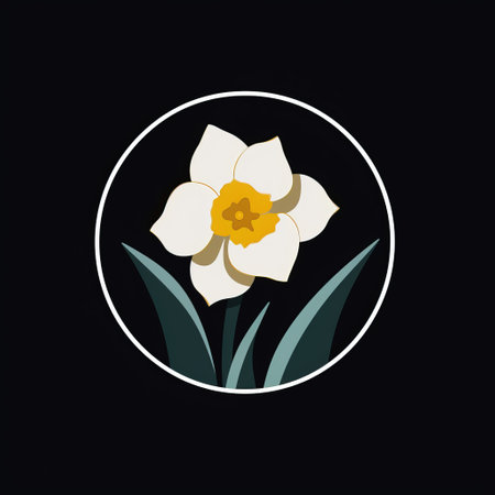 yellow and white daffodil flower in a circle isolated on black. graphic design-inspired illustration with vintage imagery, dark white, and dark emerald colors. the design incorporates animated gifs, indonesian art influences, back button focus, and flat illustrations. ai generatedの素材