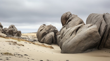 a group of rocks scattered across the sandy surface of a desert, captured in the style of romantic dramatic landscapes by joo artur da silva using the zeiss batis 18mm f2.8 lens. the light gray and gray tones create a fanciful and atmospheric landscape reminiscent of ssaku hanga's art. ai generatedの素材