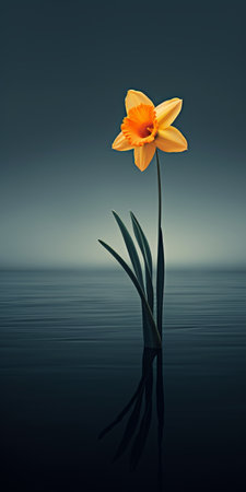 a yellow flower stands out in this black and white nature photo, capturing the calm waters of the ocean. the image, in the style of dark aquamarine and orange, showcases a minimalistic simplicity. with cross processing and an 8k resolution, this daz3d photo evokes a sense of tranquility reminiscent of burne-jones' artwork. ai generatedの素材