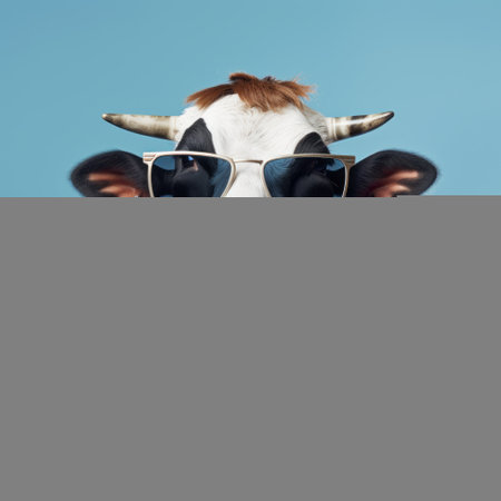 a cow wearing sunglasses and a scarf, inspired by the artistic style of mike campau, features bold lines and contrasts reminiscent of serge marshennikov's work. the image showcases a normcore aesthetic with a light blue and white color palette. with celebrity and pop culture references, the photo is captured using a fisheye lens, adding a unique perspective. ai generatedの素材
