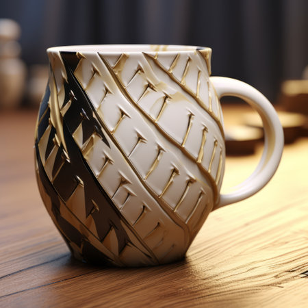a 3d model of a mug with boldly textured surfaces, featuring a combination of light white and dark gold colors. the design showcases interlacing artifacts, giving it a unique and intricate appearance. this meticulously crafted mug exhibits polished craftsmanship and meticulous design, with textural brushstrokes adding depth and character. available on sketchfab. ai generatedの素材
