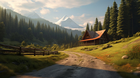 a cabin nestled at the end of a winding road in a lush forest. this vray-rendered image showcases detailed nature depictions, with mountainous vistas and smooth brushwork. the photo-realistic techniques used bring the scene to life, while the low depth of field adds a sense of depth and focus. captured by the talented artist leszek bujnowski. ai generatedの素材