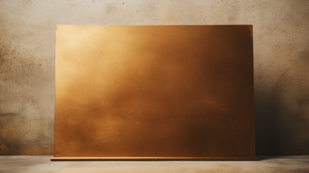 golden frame on a concrete wall mockup featuring a polished concrete style. the highly polished surfaces resemble oil on copper, creating a captivating visual effect. softbox lighting enhances the kitchen still life, showcasing a dark orange and bronze color palette. this abstract minimalism-inspired composition is perfect for appreciators of contemporary art. ai generatedの素材