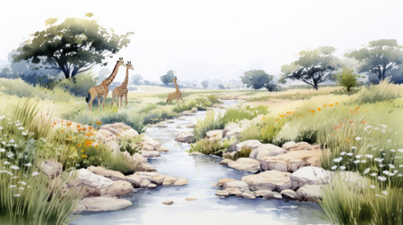 a watercolor painting of giraffes and flowering bushes on the bank, showcasing realistic landscapes with soft, tonal colors. this artwork captures the essence of storybook illustrations with its delicate rendering and playful cartoon-like style. the 8k resolution allows for a detailed view of the northern china terrain, creating a romantic riverscape that is both captivating and enchanting. ai generatedの素材