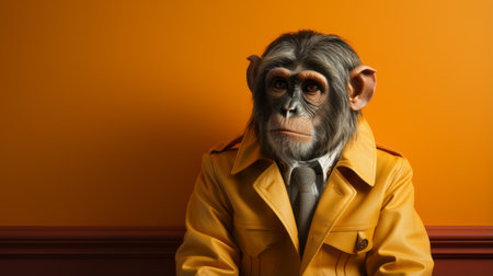 chimpanzee wearing a trenchcoat stands against a vibrant yellow abstract background. this unique artwork, inspired by the style of sacha goldberger and corporate punk, captures the essence of alpo jaakola's depiction of animals. the close-up shot showcases the working-class empathy of this intriguing piece. ai generatedの素材