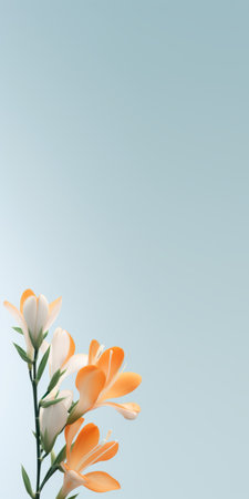 a photo featuring a minimalist background with a white backdrop. the style of the image is characterized by light turquoise and light orange hues, creating a realistic rendering. delicate flowers are showcased in a cartoonish simplicity, complemented by a combination of light orange and dark gray tones. this captivating image was skillfully rendered in cinema4d. ai generatedの素材