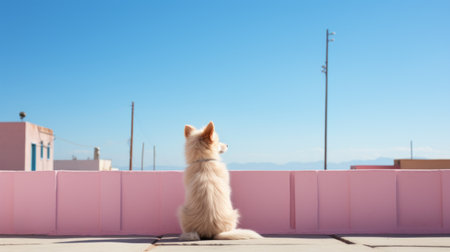small dog gazing at a breathtaking view, captured in a constructivist photography style with light pink and sky-blue tones. this enchanting image showcases the use of a tokina at-x 11-16mm f/2.8 pro dx ii lens, creating spectacular backdrops. the playful pop and romanticized realism beautifully depict the essence of american urban life. ai generatedの素材