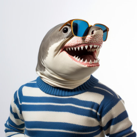 a man wearing a shark costume, with a skeleton helmet and sunglasses, is captured in this photo. the composition of the image is photo-realistic, featuring horizontal stripes and soft sculpture elements. the man's playful expressions add to the overall charm of the picture. albrecht anker's artistic style is evident in this unique and eye-catching photograph. ai generatedの素材