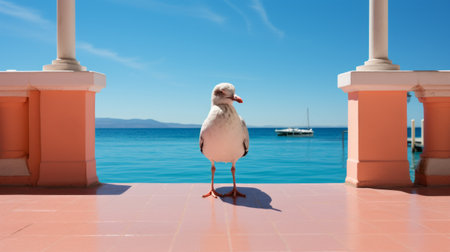 the picture captures an avian-themed scene with emotive body language. the security camera perspective showcases a stunning view of white and pink mediterranean landscapes. the realistic blue skies add to the overall beauty of this contest-winning photograph, where the ocean lies just beyond the frame. ai generatedの素材