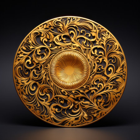 a golden round ring with a floral pattern, rendered in cinema4d, stands out against a black background. this intricate design showcases the talent of a wood sculptor, featuring decorative vessels and heavy use of palette knives. the spirals and curves add a captivating touch to the overall aesthetic. ai generatedの素材
