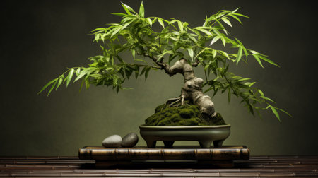 a bonsai tree adorned with ornaments and stones, showcasing the precisionism influence. the composition features earthy organic shapes, raw energy, and bold contrast, creating a visually captivating display. the green hues and textural play add depth to this captivating image. this associated press photo captures the essence of the bonsai tree in a unique and artistic manner. ai generatedの素材