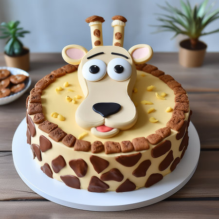 a giraffe cake with chocolate chips and chocolate cookies, inspired by the artistic styles of natalia rak, carl barks, and saurabh jethani. the cake features a light yellow and dark beige color palette, with smooth lines reminiscent of rak's work. the texture-rich design is captured in this photo, which was shared on flickr. ai generatedの素材