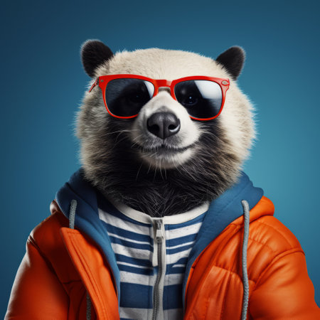 a funny panda bear wearing red sunglasses is captured in this photorealistic portrait. the evocative environmental setting enhances the dark cyan and orange color scheme, creating a visually striking image. this studio portraiture showcases the panda's playful personality, while the sovietwave and commercial imagery elements add a unique touch. the realistic portraitures bring the panda to life in a captivating way. ai generatedの素材