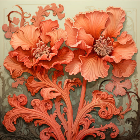 a painting showcasing flowers adorned with various styles of floral ornaments. the artwork features realistic and detailed rendering, with a color palette predominantly consisting of light red and orange hues. the flowers are depicted in relief sculpture, incorporating art nouveau's organic flowing lines. the painting also includes detailed character illustrations, paper sculptures, and romantic illustrations. ai generatedの素材