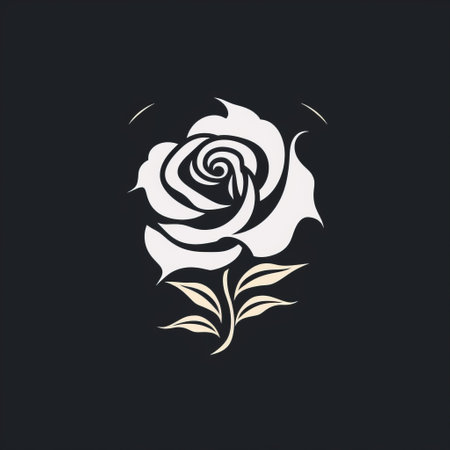 a white rose with green leaves stands out against a black background, creating a striking silhouette. this personal iconography combines elements of gothic illustration with dark white and light pink hues. the captivating and emotional imagery is enhanced by the contrasting dark navy and light beige tones. perfect for a logo or any design that seeks to evoke a sense of mystery and beauty. aiの素材