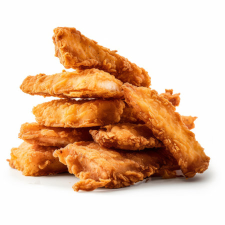 chicken fingers arranged in a sculptural manner are captured in this photo against a clean white backdrop. the image showcases the use of diagonals, provia film, majestic ports, pilesstacks, harsh angles, and aurorapunk aesthetics. ai generatedの素材