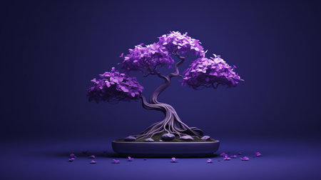 purple and red bonsai tree stands out against a twilight blue background, enhanced with ethereal light retouching. the highly detailed illustration style brings out the vibrant colors of the bonsai, resembling paper sculptures and ceramic art. the dark purple hues add depth to the overall composition, while the oriental minimalism creates a sculpted and captivating visual. ai generatedの素材