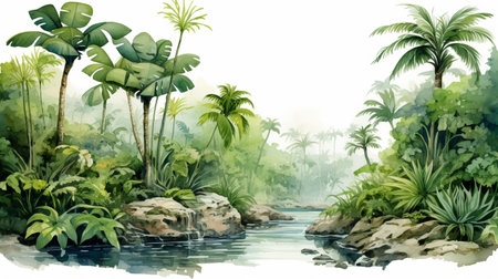 the photo showcases a watercolor depiction of a jungle landscape, inspired by the 2d game art style of jonathan wolstenholme. it incorporates tropical symbolism and features romantic riverscapes. the artwork is set against a white background and is captured in stunning 8k resolution, reminiscent of the work of mike ploog. ai generatedの素材