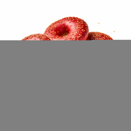 donuts with sesame seeds are showcased in this hyperrealistic composition by john wilhelm. the uhd image captures the intricate details of the donuts, which are presented over a white background. the style of the composition features a combination of light red and dark crimson hues. this visually appealing image is reminiscent of irving penn's accumulative process and his iconic piles and stacks. ai generatedの素材