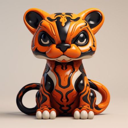 the cougar brand presents a mythical creature figurine with a bear-like character design. this cute and stylish figurine is perfect as a keychain or collectible. its vibrant orange and black color scheme adds to its appeal. the dynamic poses and expressions, along with street dance elements like headphones and hats, give it a strong sense of movement. ai generatedの素材