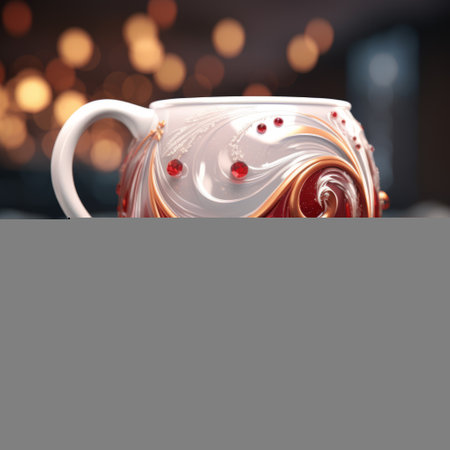 a stunning coffee cup featuring a swirl design, created using vray tracing for a visually captivating effect. the cup is adorned with a combination of light crimson and gold colors, enhanced by a soft-focus technique. the xmaspunk style adds a unique touch, while the clear colors of dark red and white showcase the intricate hyperrealistic details. ai generatedの素材
