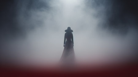 a black witch silhouette stands on a mesa, wearing a big hat, casting a shadow against a misty atmosphere. this cinematic image, rendered in cinema4d, showcases a new american documentary photography style. the color palette of light crimson and white adds a touch of elegance, while hints of crimson and aquamarine create a mesmerizing effect. the silhouette seems to be made of mist, adding toの素材