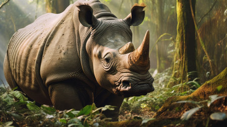 a red rhino is captured in a photorealistic rendering, showcasing its detailed facial features. this majestic creature is seen walking through the lush forest of asia, creating a lively nature scene. the artwork, inspired by the art of the congo, beautifully combines dark white and amber tones. this stunning image is available on flickr and showcases the artist's skill in creating realistic and vibrant natureの素材