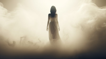 a young woman in a dark dress gracefully moves through thick smoke, surrounded by ethereal light and a soft focus effect. the scene evokes a sense of mystery and intrigue, with ghostly figures and supernatural creatures appearing in the background. the dark and white tones create a haunting atmosphere, while the vignetting adds a sculpted and captivating touch. this captivating image is a contest winner.の素材