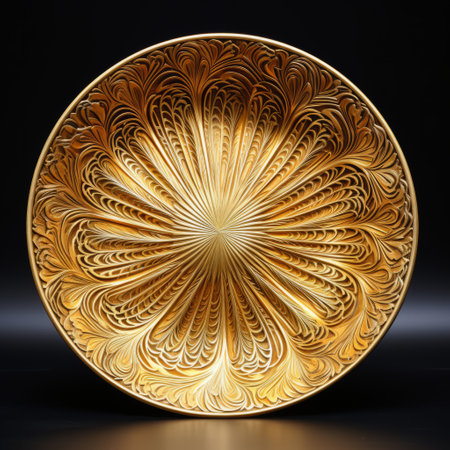 an elaborate gold plate with carved designs and flowers, inspired by the style of hiroshi nagai. the plate showcases detailed feather rendering reminiscent of akihiko yoshida's work. its circular abstraction draws inspiration from meiji art, while also incorporating elements of decorative arts and the influence of edogawa ranpo. ai generatedの素材