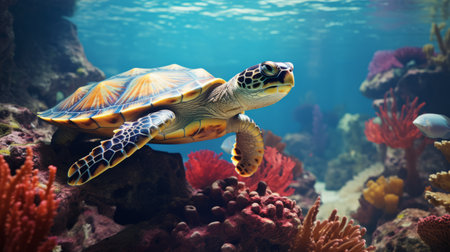 a vibrant photo showcasing a lobster surrounded by a stunning coral reef teeming with marine life. in the background, an eastern box turtle can be seen resting on a rock. this wide-angle shot captures the lifelike beauty and diversity of the underwater world in mesmerizing 8k resolution. ai generatedの素材