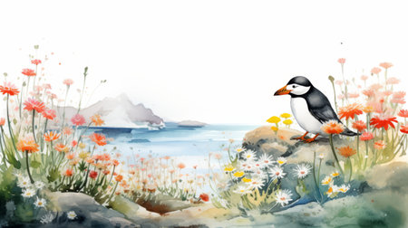 puffin bird gracefully soars through the wind against a vibrant ocean watercolor backdrop. this whimsical mural painting, inspired by flower and nature motifs, captures the lush landscape in the style of artists david wiesner and atey ghailan. the uhd image showcases a delightful blend of comic strip elements, creating a captivating visual experience. ai generatedの素材