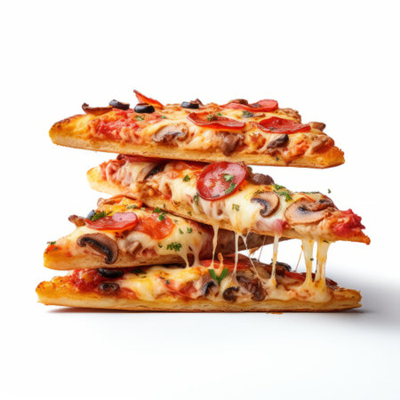 stacked pizzas on a white background, inspired by the artistic styles of heather theurer, marcin sobas, mike campau, and carcore. this high-resolution image showcases the pizzas in a unique and visually striking manner, with a soggy, sharp, and angular appearance. perfect for food enthusiasts and art lovers alike. ai generatedの素材