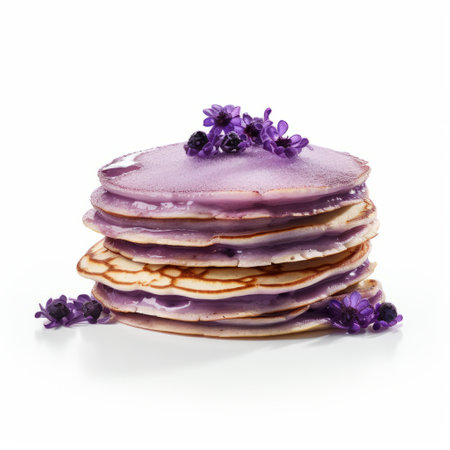 a stack of pancakes with violet-colored batter and a generous topping of berries. this visually striking photo showcases the unique style of transparency and opacity, with delicate flora depictions. the monochrome toning adds depth and character, while the use of ferrania p30 film enhances the organic form of the pancakes. developed using the innovative caffenol method, this image captures the essence of a delicious breakfastの素材