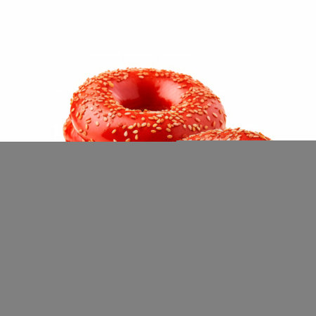 a pile of red donuts is arranged on a white background, showcasing a realistic depiction of light. the composition is inspired by the shang dynasty and features dotted patterns. the photo has elements of aurorapunk and dau al set, with split toning adding depth and visual interest. ai generatedの素材