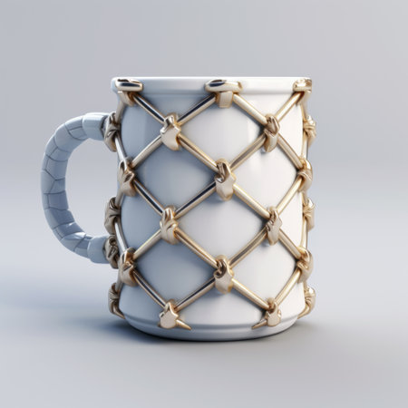 the galactic mug with a gold chain is a stunning piece of art. its design features grid-like structures, showcasing intricate hard surface modeling. this kitchen still life captures a minimalist aesthetic with its white and beige color scheme. the use of common materials adds a touch of familiarity, while the net art influences and medieval undertones create a unique and captivating visual experience. ai generatedの素材