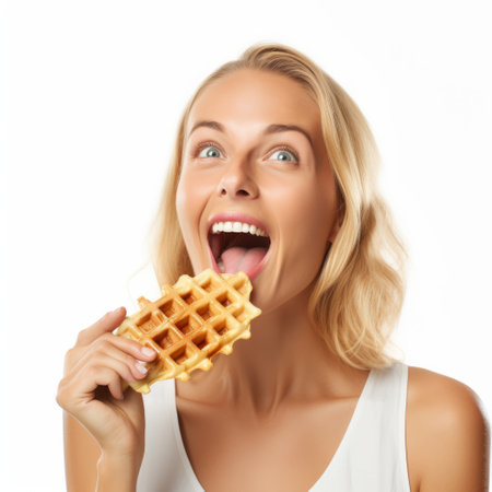 a woman joyfully eats a waffle on a white background, showcasing a whimsical and energetic style. the waffle is woven and perforated, with light beige and amber tones. the overall look is bold and exaggerated, featuring algeapunk elements and exaggerated facial features. ai generatedの素材