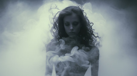 a woman stands amidst swirling vortexes of dark cyan and white smoke, creating an ominous and ethereal atmosphere. this image, reminiscent of the style of brooke didonato and guy aroch, captures the essence of elaborate and romanticistic art. ai generatedの素材