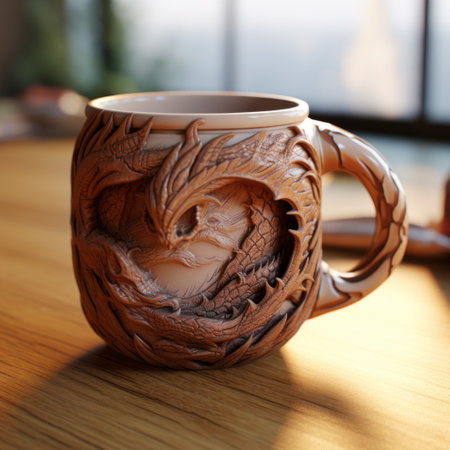 a wooden wall mounted drinking mug, featuring a dragon art design, is placed on a wooden table. this unique piece showcases realistic and hyper-detailed renderings, with experimental pottery techniques. the strong contours and masterful shading bring the dragon to life, creating a realistic fantasy atmosphere. perfect for those who appreciate the artistry of tumblewave creations. ai generatedの素材