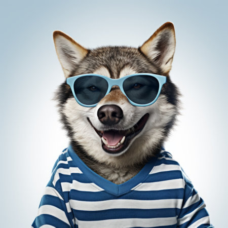 a black husky wearing a striped shirt is depicted in a cartoon photo, sporting stylish sunglasses. the photo, done in the style of studio portraiture, showcases bold fashion photography with turquoise and gray tones. the softbox lighting adds depth to the image. this inventive character design is perfect for websites looking to add a touch of creativity. ai generatedの素材