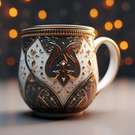 a stunning orient-inspired gold and black mug, emitting enchanting lights, beautifully rendered in unreal engine. the intricate design showcases a fusion of dark white and light gold tones, reminiscent of arabesque patterns. the captivating visual effects, achieved through vray tracing, are further enhanced by selective focus techniques. ai generatedの素材