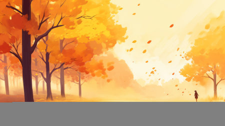 a person walks through a fall ground, surrounded by colorful fall leaves. the speedpainting style adds a touch of charm to the scene, with light orange and light gold hues. the cute cartoonish designs by andreas rocha enhance the beauty of this artwork. the misty atmosphere creates a captivating ambiance, with shades of yellow and orange. ai generatedの素材