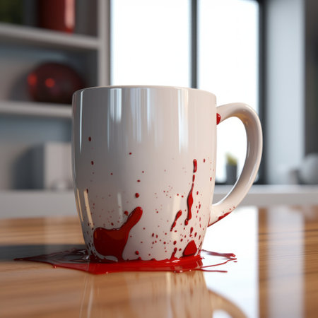 the white cup is adorned with a striking amount of red, showcasing a horror-inspired design. this captivating photo utilizes vray tracing and melting techniques, reminiscent of the renowned artist arthur sarnoff. the use of photo-realistic techniques and sharp focus brings out the intricate details, while the staining adds an intriguing element to the composition. ai generatedの素材