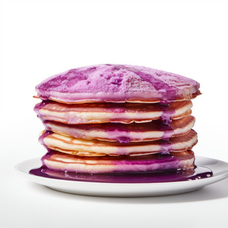 a purple dipping sauce is poured over a stack of pancakes and syrup, creating a visually striking image. the high contrast between the white and pink colors adds to the appeal. this national geographic photo captures the voluminous mass of the sauce as it cascades down the pancakes. the ink-washed style gives it an artistic touch, reminiscent of an associated press photo. ai generatedの素材