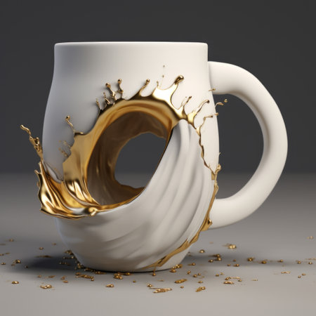 coffee mug with liquid pouring out, featuring a photobashing style. the mug is designed in white and gold, resembling destroyed gadgets sculptures. it showcases precise nautical details, created by johnson tsang. this unique piece is available under the creative commons attribution license. ai generatedの素材